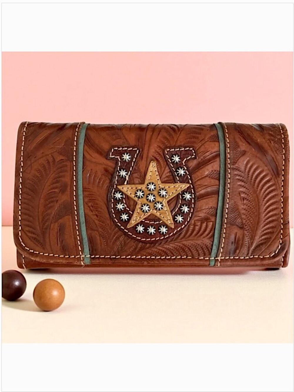 AMERICAN WEST Embossed Leather Studded Trifold Wallet Western Brown